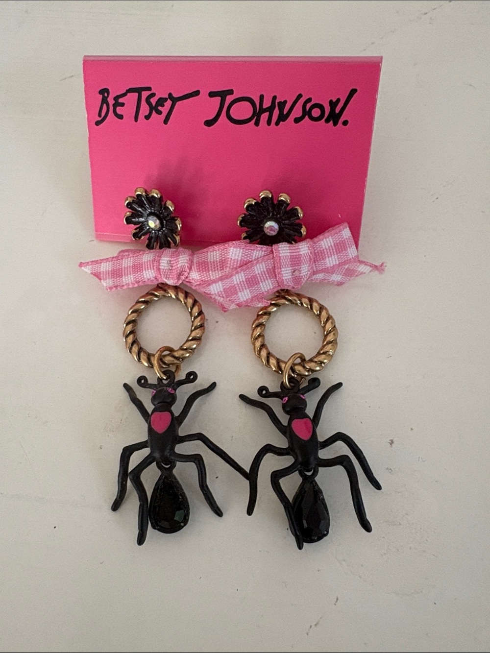 Betsey Johnson Black and Pink Ant Dangle Earrings with Gold Hoops